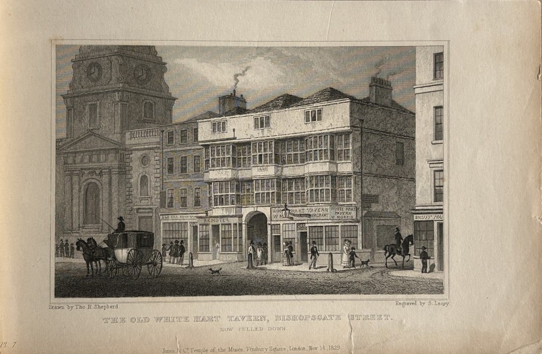Thomas Shepherd - Old White Hart Tavern, Bishopsgate engraved by S Lacey 1828: The hand coloured engraving was drawn by Thomas H. Shepherd and published by Jones & Co. 1828.Size: 5.25in x 8in (13cm x 20cm)