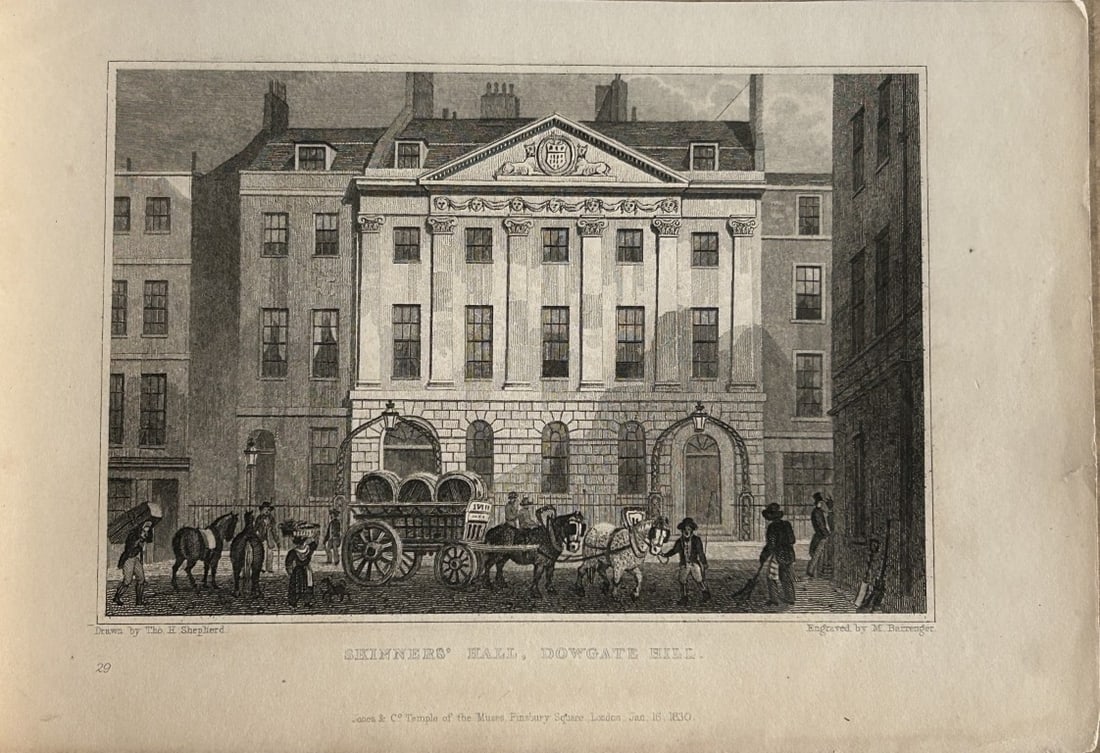 Thomas Shepherd - Skinners' Hall, Dowgate Hill engraved by M Barrenger 1828: The hand coloured engraving was drawn by Thomas H. Shepherd and published by Jones & Co. 1828.Size: 5.25in x 8in (13cm x 20cm)