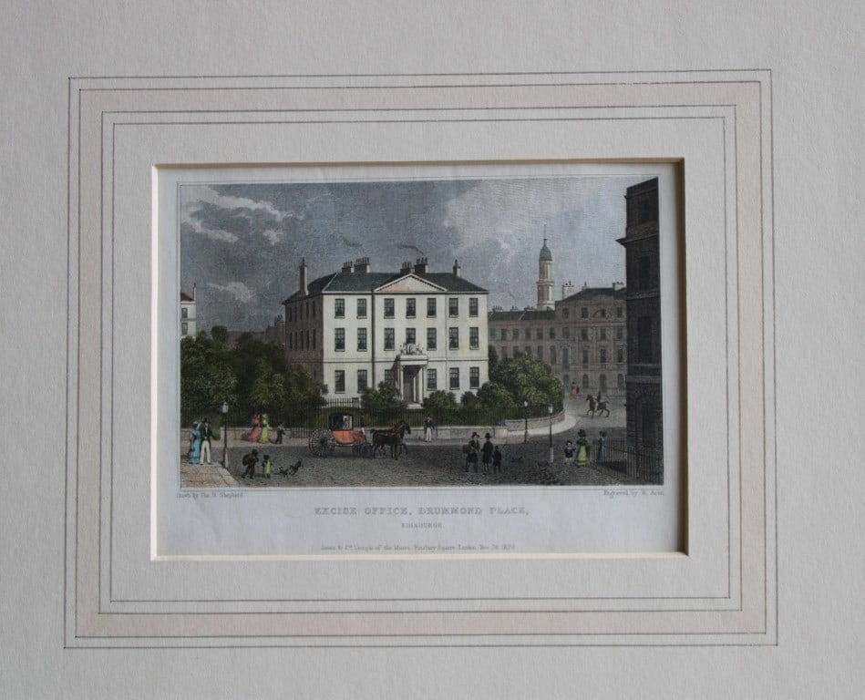 T Shepherd - Excise Office, Edinburgh engraved by W Bond 1829: The hand coloured engraving was drawn by Thomas H. Shepherd and published by Jones & Co. 1829.Size: 5.25in x 8in (13cm x 20cm)