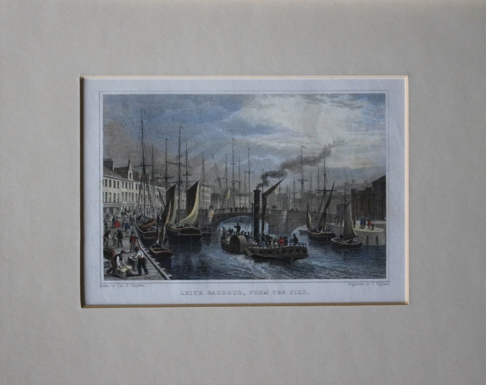 T Shepherd - Leith Harbour, Edinburgh engraved by T Higham 1829: The hand coloured engraving was drawn by Thomas H. Shepherd and published by Jones & Co. 1829.Size: 5.25in x 8in (13cm x 20cm)