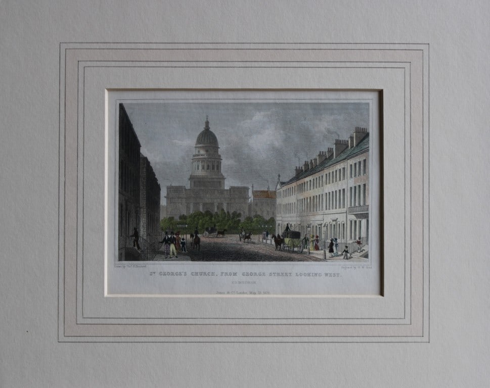 T Shepherd - St George's Church, Edinburgh engraved by W Bond 1829: The hand coloured engraving was drawn by Thomas H. Shepherd and published by Jones & Co. 1829.Size: 5.25in x 8in (13cm x 20cm)