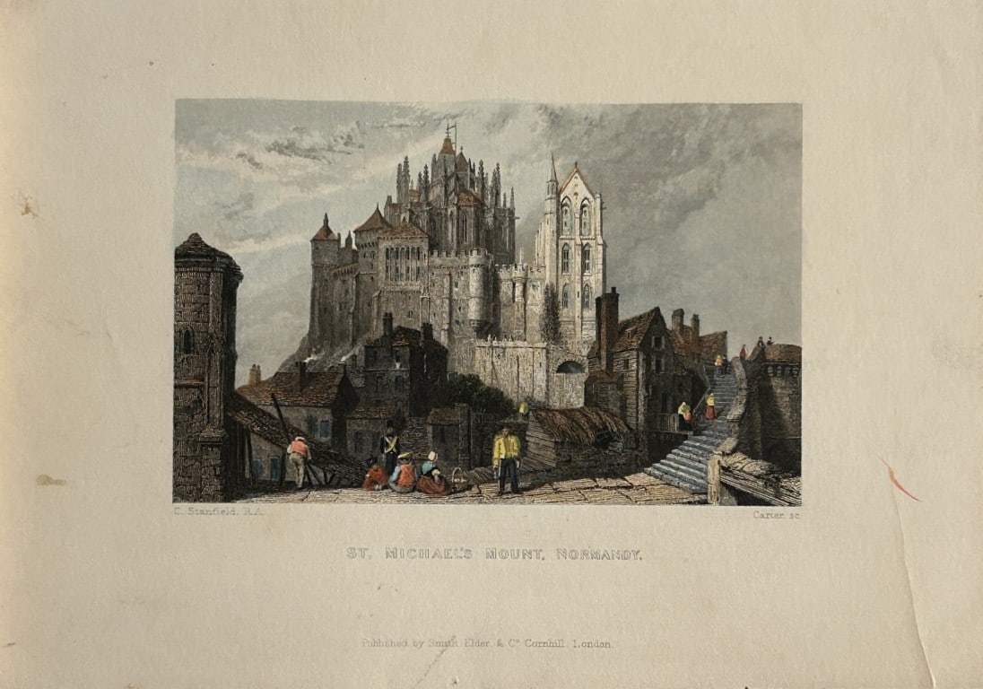 C Stanfield - St Michael's Mount, Normandy engraved by J Carter 1847: This engraving is from Stanfield's Coast scenery : a series of picturesque views in the British channel and on the coast of France by Clarkson Stanfield. Published by Smith, Elder and Co., London 1847