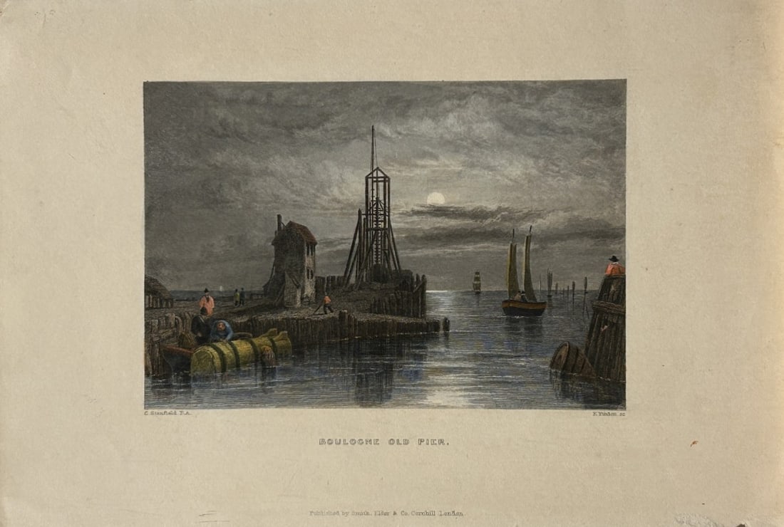 C Stanfield - Boulogne Old Pier engraved by F Finden 1847: This engraving is from Stanfield's Coast scenery : a series of picturesque views in the British channel and on the coast of France by Clarkson Stanfield. Published by Smith, Elder and Co., London 1847