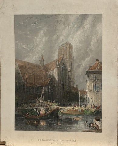 G Balmer - St Lawrence Cathedral, Rotterdam engraved by Henry Winkles: This antique steel engraving titled St Lawrence Cathedral, Rotterdam was engraved by Henry Winkles after a drawing by George Balmer.Size: Printed area - 12cm x 18.5 cm or 4.75in x 7.25inPublished in G
