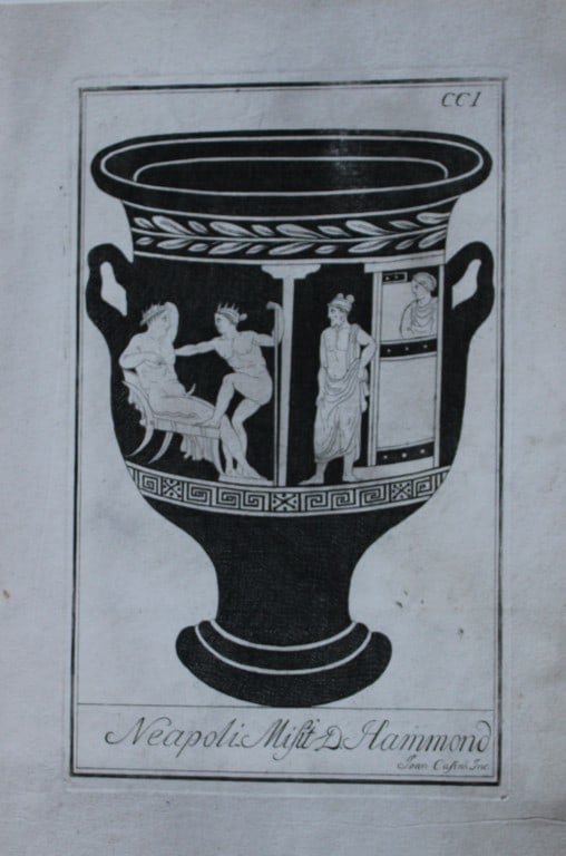 GB Passeri - Plate 201 Engraving of Etruscan vase 1768: This engraving, by Giovanni Battista Passeri, is from Picturae Etruscorum in Vasculis or Etruscan Paintings on Vases. Published by Venanzio Monaldini, Rome 1768. The work is exceptionally rare and was