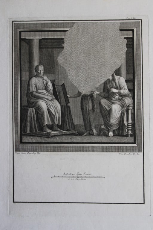 Giovanni Morghen - Antiquities of Herculaneum engraving 1752: This original antique copperplate engraving of an ancient Roman fresco is from the series Le Antichit? di Ercolano Esposte or Antiquities of Herculaneum Exposed?, by Giovanni Morghen. Published by the
