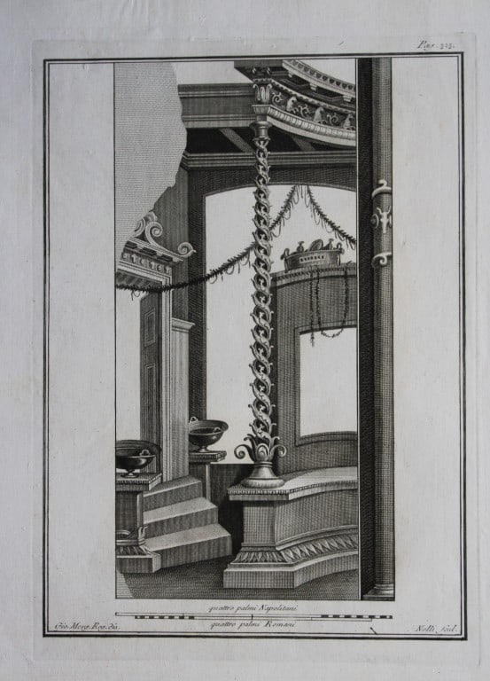 Giovanni Morghen - Antiquities of Herculaneum engraving 1752: This original antique copperplate engraving of an ancient Roman fresco is from the series Le Antichit? di Ercolano Esposte or Antiquities of Herculaneum Exposed?, by Giovanni Morghen. Published by the