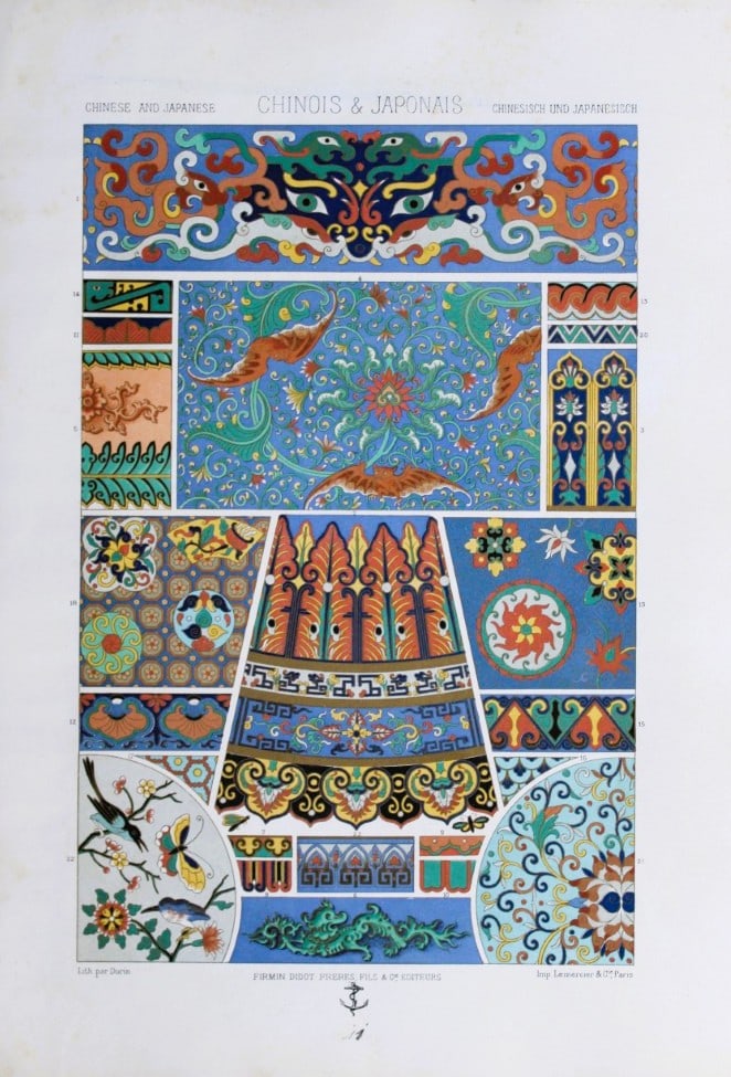A Racinet - Lithograph of Chinese and Japanese designs 1873: This lithographic print of decorative designs is from L?Ornement Polychrome cent planches en couleurs?. by Auguste Racinet. Published by Firmin Didot et Cie and printed by Lemercier et Cie., Paris 187