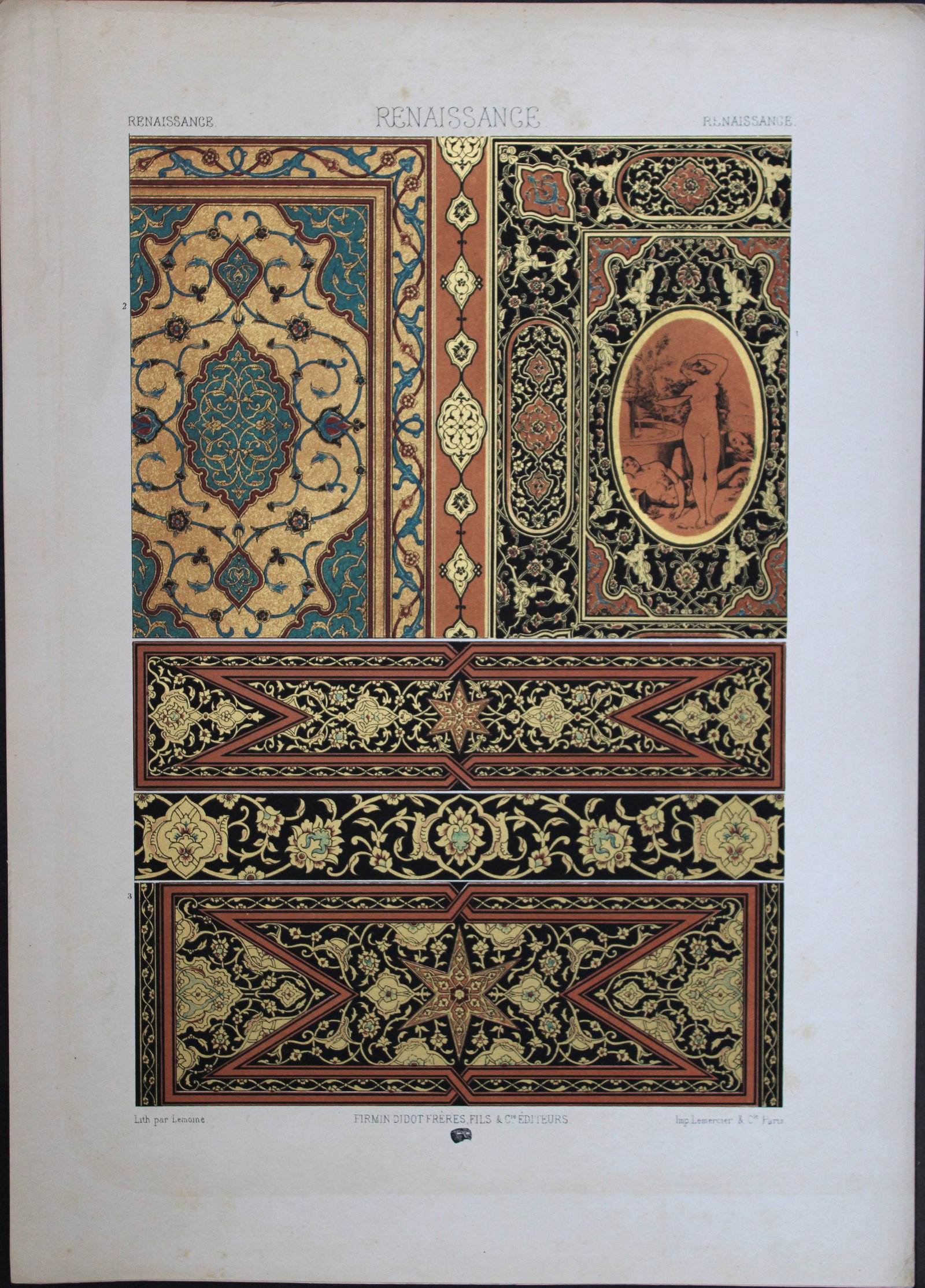 A Racinet - Lithograph of Indian designs 1873: This lithographic print of decorative designs is from L?Ornement Polychrome cent planches en couleurs?. by Auguste Racinet. Published by Firmin Didot et Cie and printed by Lemercier et Cie., Paris 187