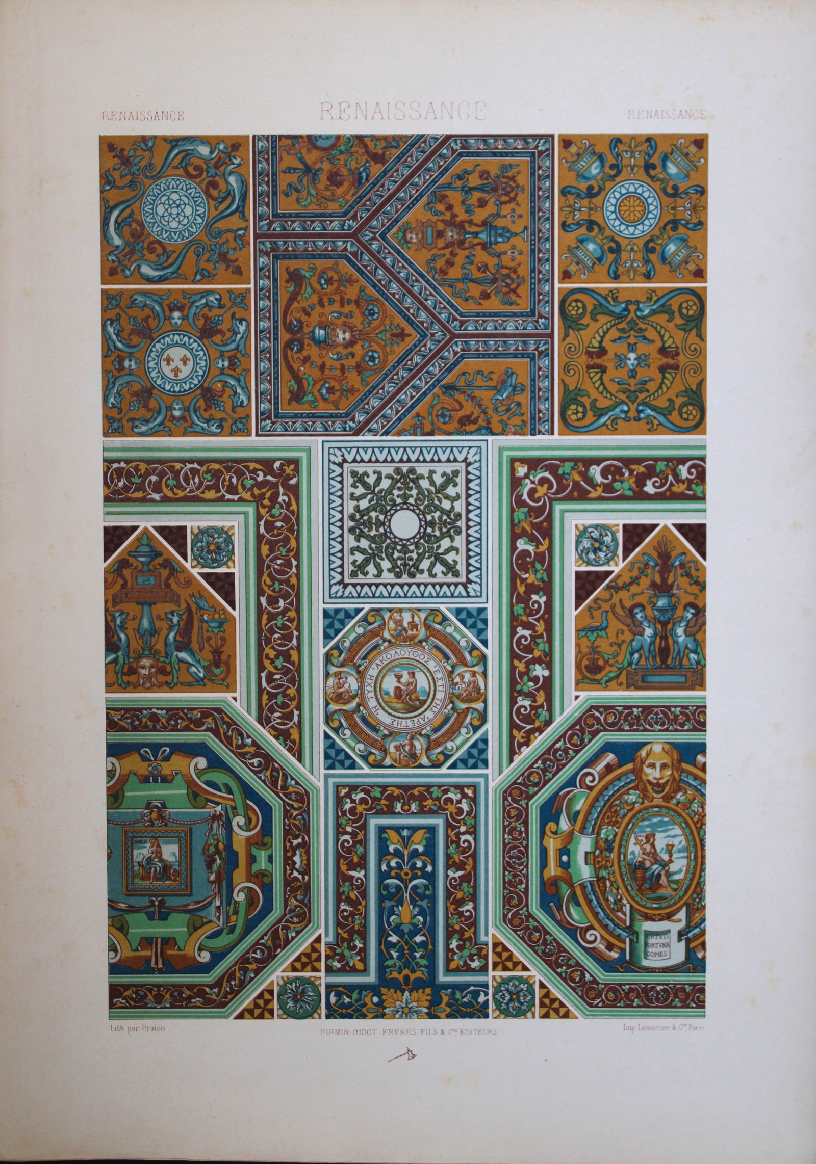 A Racinet - Lithograph of Indian designs 1873: This lithographic print of decorative designs is from L?Ornement Polychrome cent planches en couleurs?. by Auguste Racinet. Published by Firmin Didot et Cie and printed by Lemercier et Cie., Paris 187