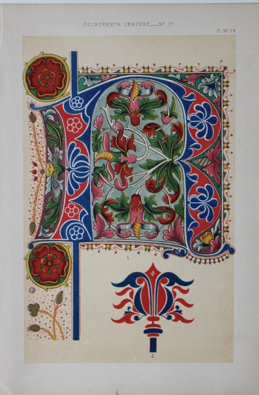 Tymms and Digby Wyatt - Chromolithograph from the Art of Illuminating 1860: This beautiful chromolithographic print is from The Art of Illuminating as Practised in Europe from the Earliest Times by W R Tymms and M Digby Wyatt. Published by Day & Son, London 1860. 1st Edition.