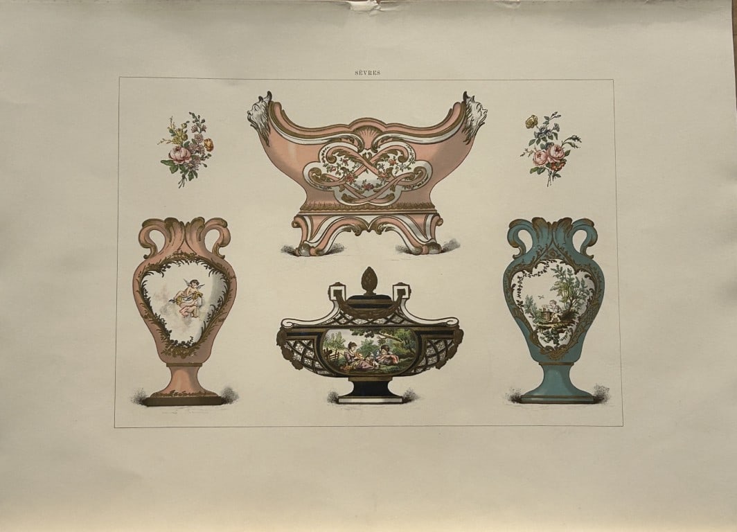 Edouard Garnier - Beautiful print of Soft Porcelain of Sevres 1892: This beautiful chromolithograph is from The Soft Porcelain of S?vres, With An Historical Introduction by Edouard Garnier. Published in London by John C. Nimmo, 1892. Some of the most beautiful and pre