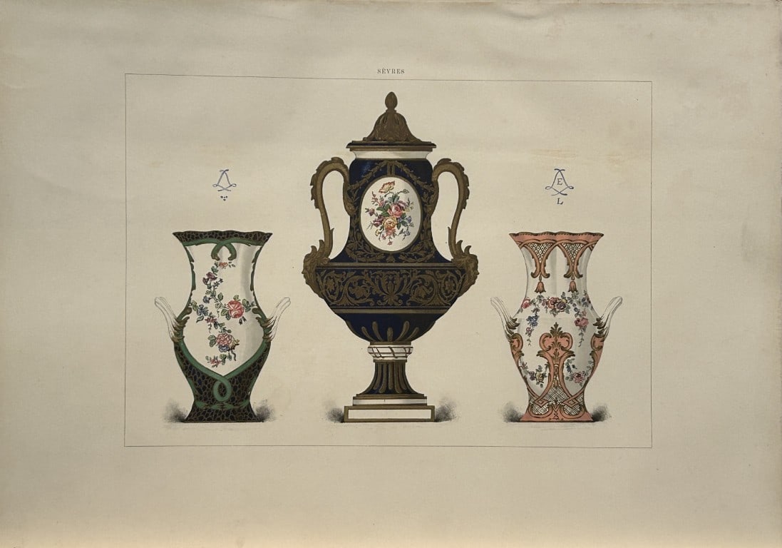 Edouard Garnier - Beautiful print of Soft Porcelain of Sevres 1892: This beautiful chromolithograph is from The Soft Porcelain of S?vres, With An Historical Introduction by Edouard Garnier. Published in London by John C. Nimmo, 1892. Some of the most beautiful and pre