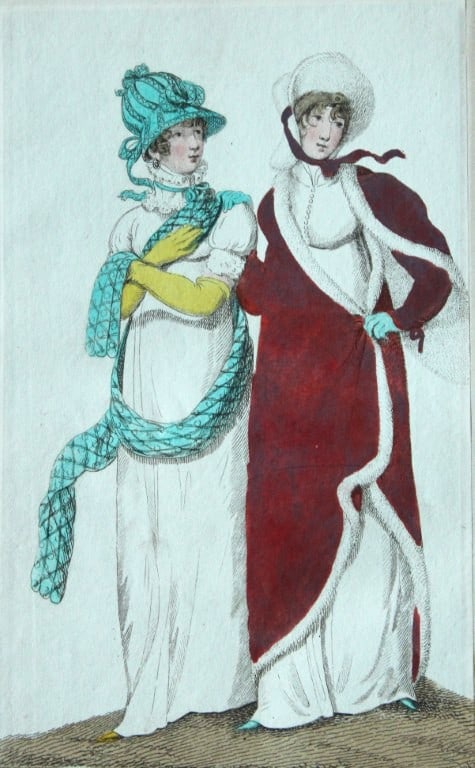 R Ackermann - Hand coloured engraving of La Belle Assemble 1816: This original hand coloured aquatint engraving is from Rudolf Ackermann's Repository of Arts, Literature, Fashions, Manufactures etc. Published 1 January 1816, London. Size: 5.4in x 9in (13.8cm x 22.5