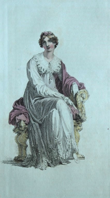 R Ackermann - Hand coloured engraving of an Opera Dress 1816: This original hand coloured aquatint engraving is from Rudolf Ackermann's Repository of Arts, Literature, Fashions, Manufactures etc. Published 1 January 1816, London. Size: 5.4in x 9in (13.8cm x 22.5