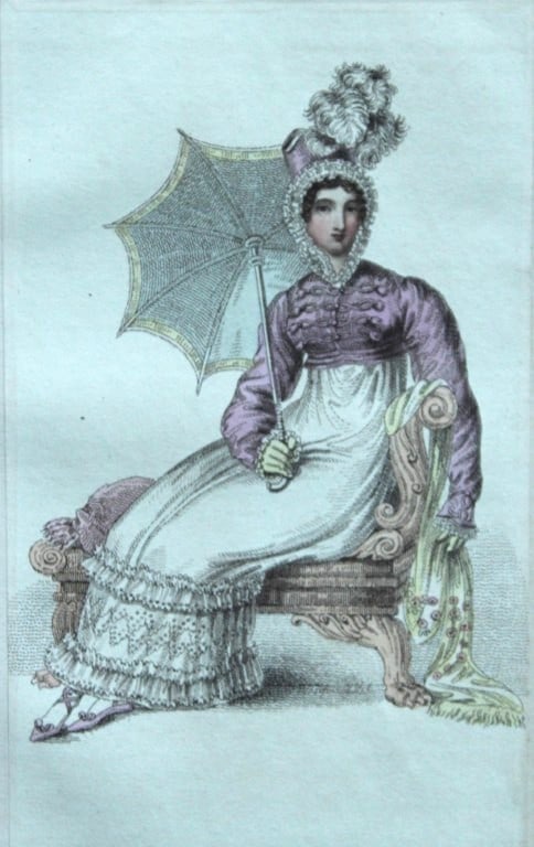 R Ackermann - Hand coloured engraving of a Promenade Dress 1816: This original hand coloured aquatint engraving is from Rudolf Ackermann's Repository of Arts, Literature, Fashions, Manufactures etc. Published 1 January 1816, London. Size: 5.4in x 9in (13.8cm x 22.5