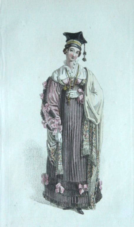 R Ackermann - Hand coloured engraving of a Carriage Dress 1816: This original hand coloured aquatint engraving is from Rudolf Ackermann's Repository of Arts, Literature, Fashions, Manufactures etc. Published 1 January 1816, London. Size: 5.4in x 9in (13.8cm x 22.5