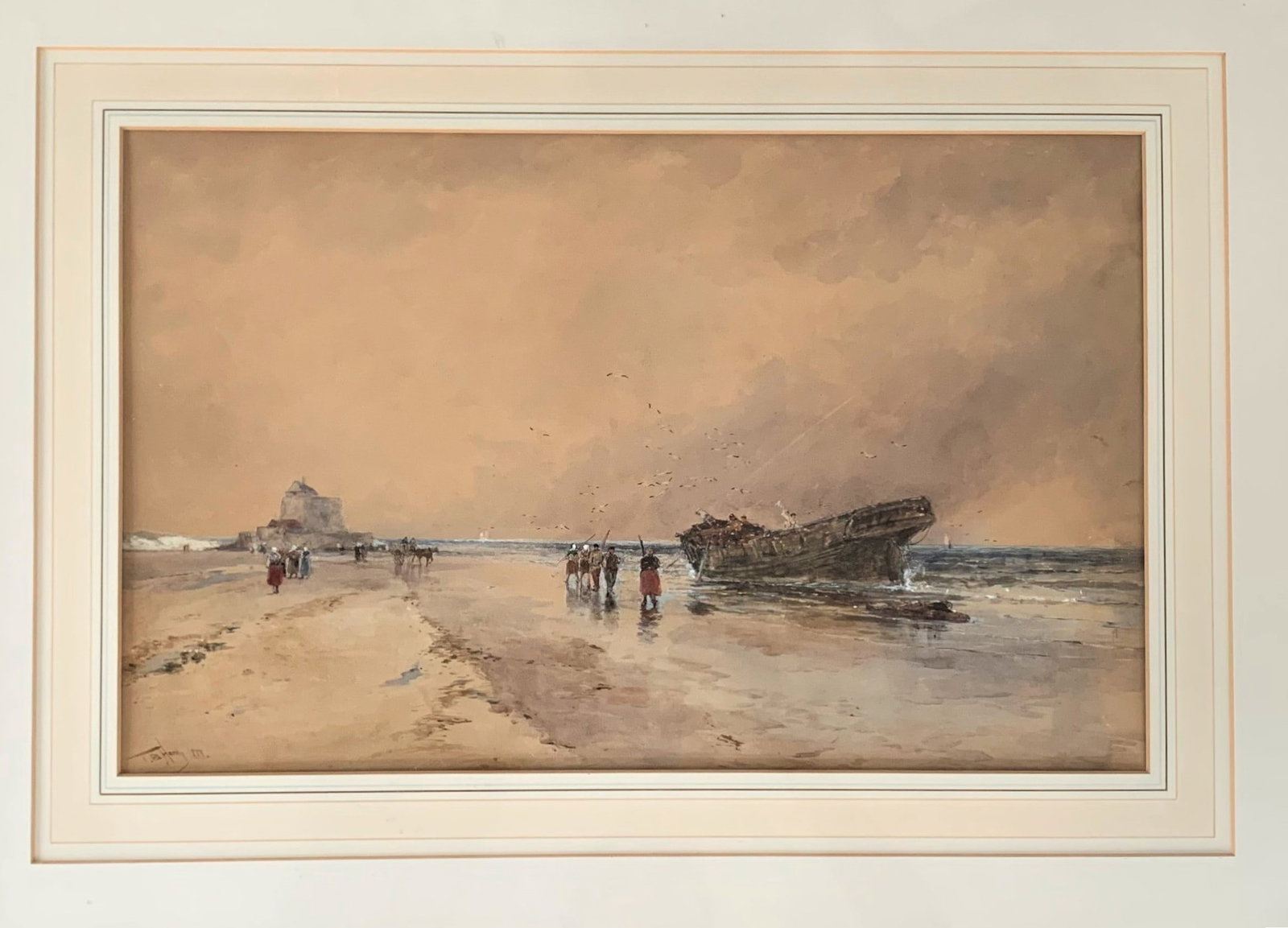 Thomas Bush Hardy - Original watercolour of Schweningen Beach 1889: This watercolor painting entitled Schweningen Beach is by British artist Thomas Bush Hardy (1842-1897), featuring figures near a shipwreck.The work is typically executed in watercolour on paper and si