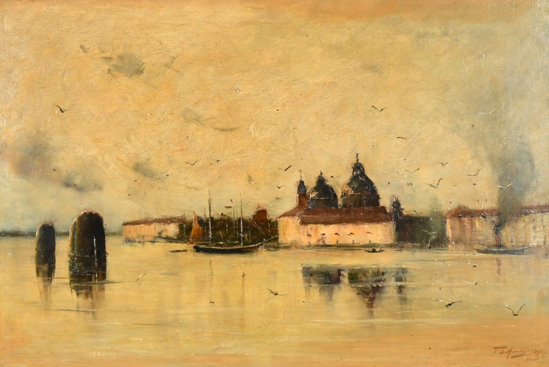Thomas Bush Hardy - Original oil painting of Venice 1896: A superb original 19th-century oil painting on canvas by Thomas Bush Hardy, one of Britain?s leading marine and landscape painters.This atmospheric Venetian scene captures the iconic domes of the Basi