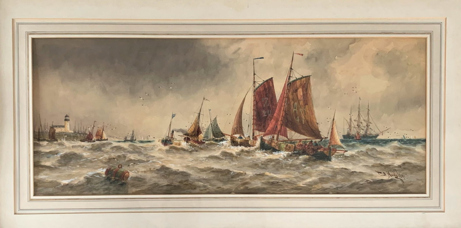 Thomas Bush Hardy - Original watercolour of Wind against Tide, Calais 1891: This watercolour painting by Thomas Bush Hardy depicts a stormy seascape with red-sailed fishing boats battling rough seas near a coastal village. Titled Wind Against Tide, ?taples, Pas-de-Calais, it 