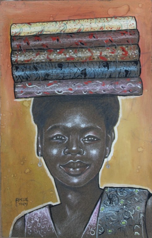 Adoboe Akue - original signed painting of African tribal art c1990: A vibrant and dynamic original painting signed AKUE, reflecting the influences of African tribal art and the Cubist tradition.The composition presents rolled fabrics carried on the head. These fabrics
