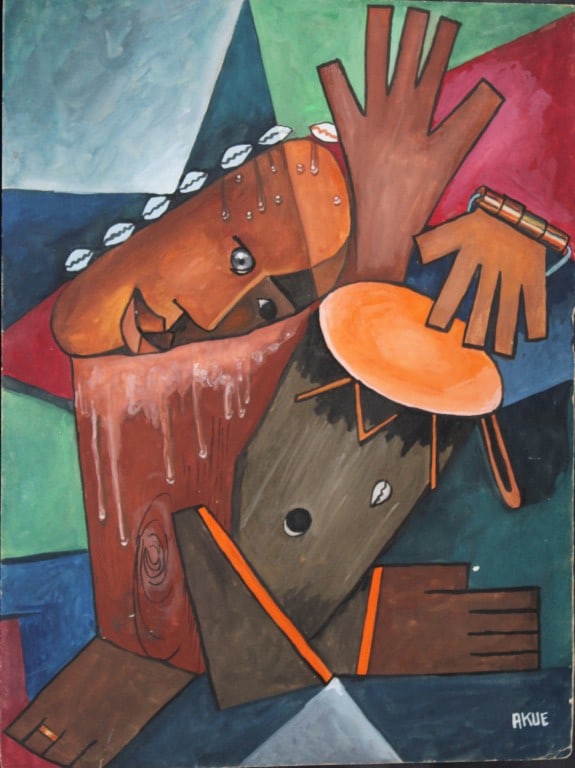 Adoboe Akue - original signed painting of African tribal art c1990: A vibrant and dynamic original painting signed AKUE, reflecting the influences of African tribal art and the Cubist tradition.The composition presents traditional and vibrant patterns, iconic of West 