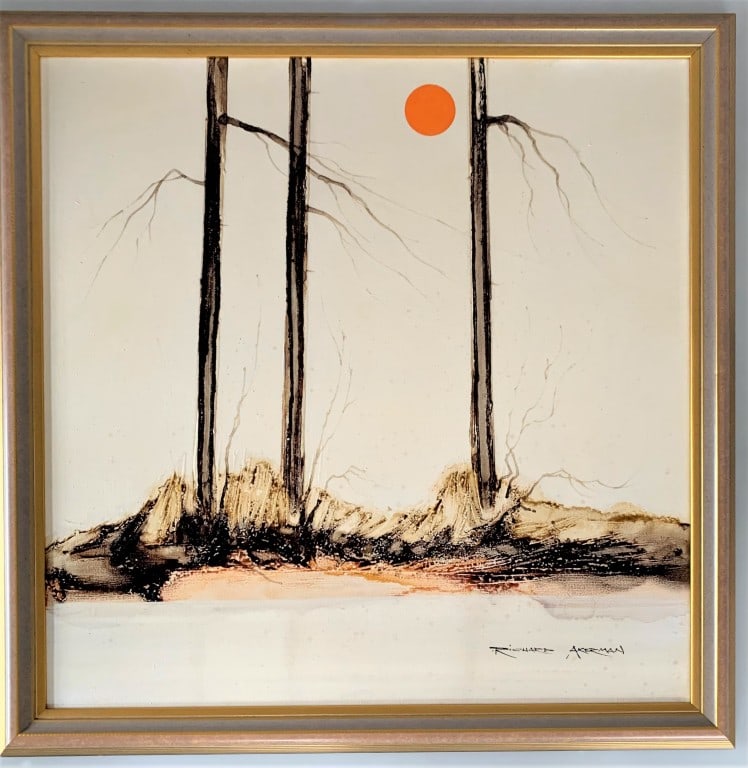 Richard Akerman - Acrylic on canvas of Stark Trees with Red Sun c1970: A rare and exceptional original painting by Richard Akerman, a master of minimalist landscape abstraction c1970.Each piece in this set of four explores a different vision of nature ? stark trees, sere