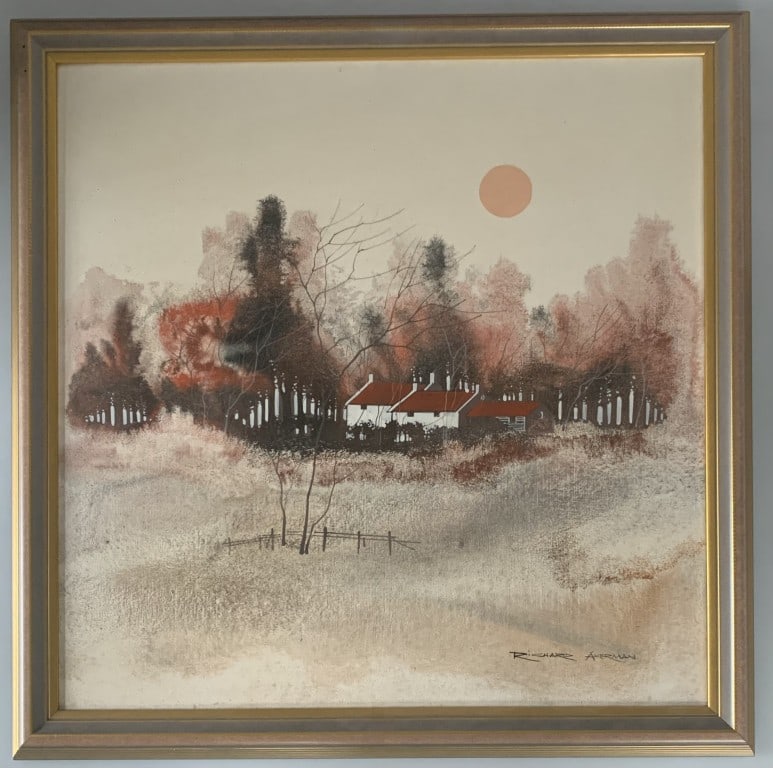 Richard Akerman - Acrylic on canvas of Village in Autumn with Red Sun c1970: A rare and exceptional original painting by Richard Akerman, a master of minimalist landscape abstraction c1970.Each piece in this set of four explores a different vision of nature ? stark trees, sere