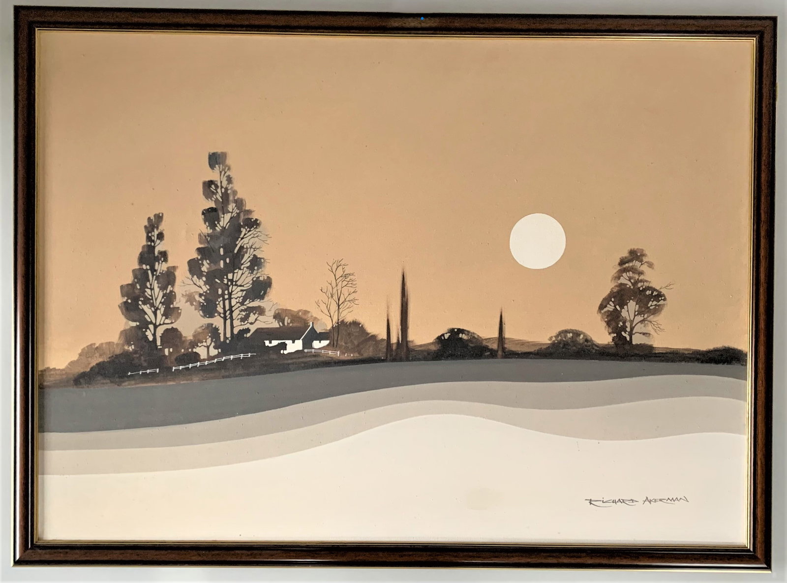 Richard Akerman - Acrylic on canvas of Landscape with White Sun c1970: A rare and exceptional original painting by Richard Akerman, a master of minimalist landscape abstraction c1970.Each piece in this set of four explores a different vision of nature ? stark trees, sere