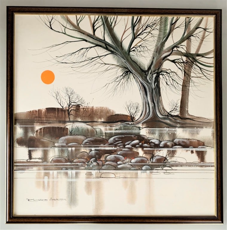 Richard Akerman - Acrylic on canvas of Riverside Tree with Golden Sun c1970: A rare and exceptional original painting by Richard Akerman, a master of minimalist landscape abstraction c1970.Each piece in this set of four explores a different vision of nature ? stark trees, sere