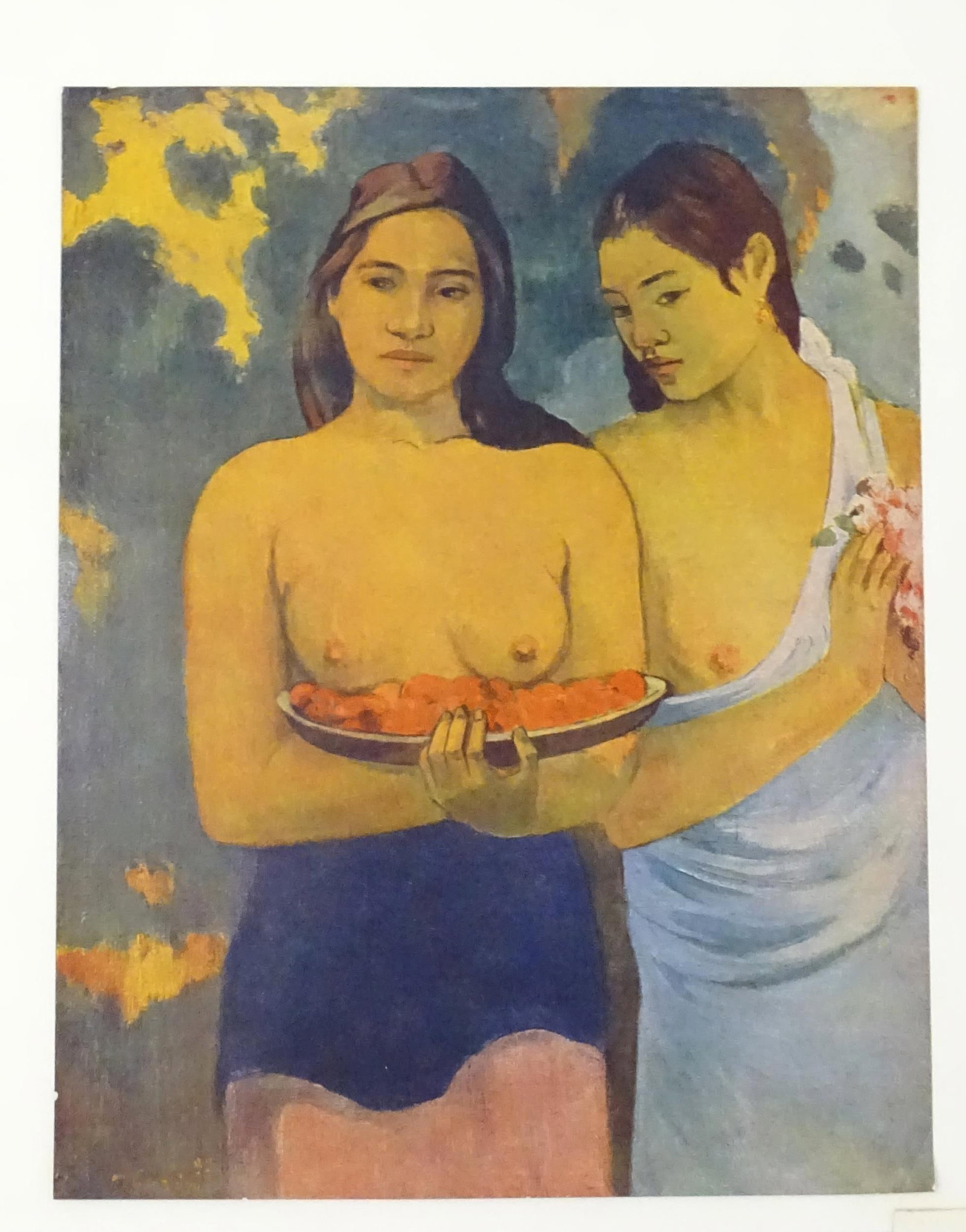 Paul Gaugin - Vintage lithograph of Two Tahitian Women: This is a vintage art print reproduction of a famous 1899 Post-Impressionist painting by Paul Gauguin.