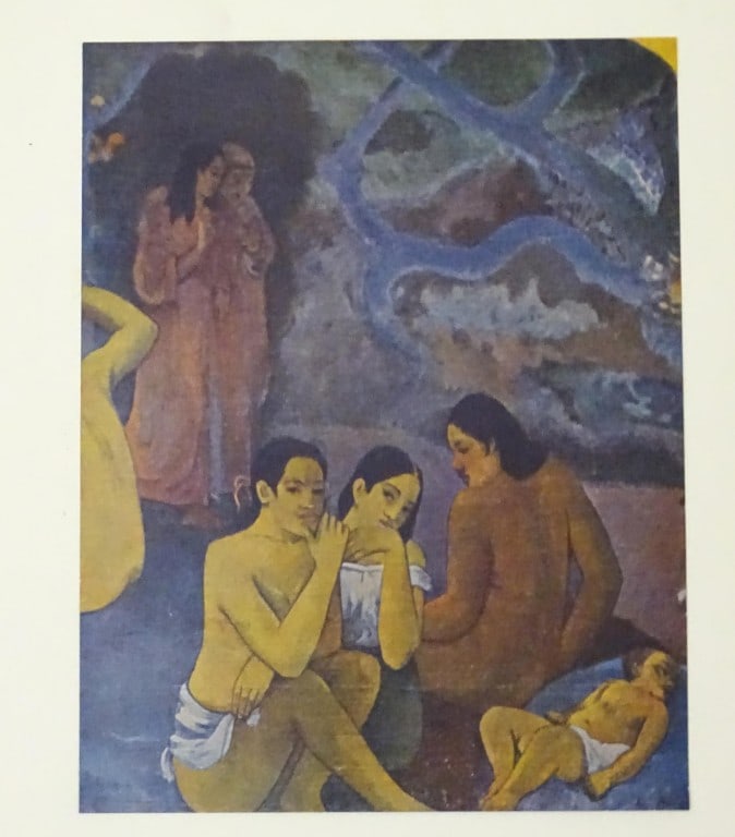 Paul Gaugin - Vintage lithograph of Where Do We Come From?.: This is a vintage art print reproduction of a famous 1899 Post-Impressionist painting by Paul Gauguin.