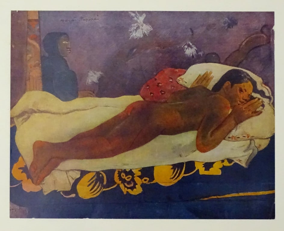 Paul Gaugin - Vintage lithograph of Spirit of the Dead Watching: This is a vintage art print reproduction of a famous 1899 Post-Impressionist painting by Paul Gauguin.