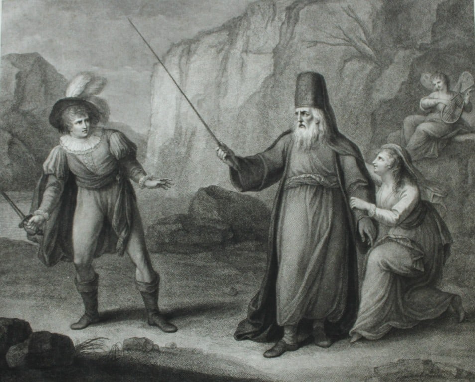 Henry Bunbury - Prospero disarming Ferdinand 1792: An outstanding original antique stipple engraving published by Thomas Macklin, Poets Gallery, Fleet Street, London engraved by Francesco Bartolozzi after Henry Bunbury. Outside Prospero's grotto, the 