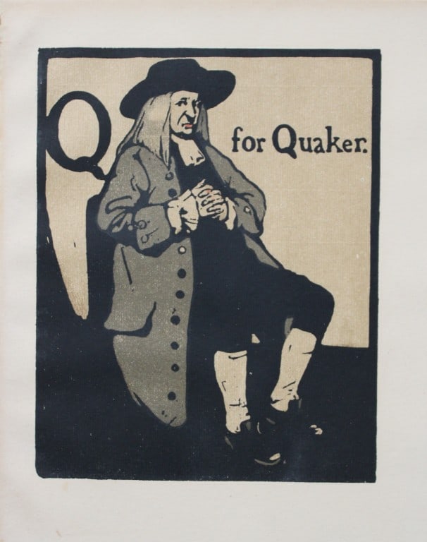 William Nicholson - Q is for Quaker 1898: This lithograph is from An Alphabet by William Nicholson. Published by RH Russell. New York. 1898. An ABC of the trades with the most accomplished artistic sense, twenty-six woodcuts, lithographed in 