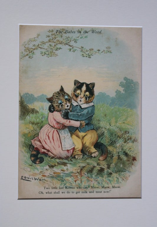 Louis Wain - Rare plate of Babes in the Wood 1905: This colour plate is from the rare publication Frolics in Fairyland by Grace Floyd, illustrated by Louis Wain. Published by?Raphael Tuck & Sons, Co. Ltd, New York / London / Paris,?1905. Rare Wain pro