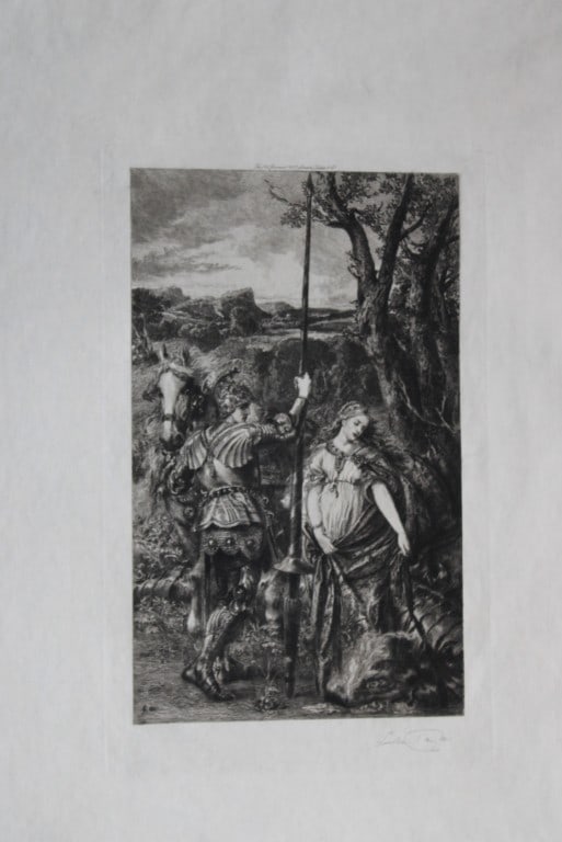 Sir John Gilbert - Fair St George engraved by Luke Taylor 1908: This work is an antique engraving made in 1908 by the master engraver Luke Taylor (1876-1916) , adapted from an original oil painting by Sir John Gilbert .The artwork is titled Fair St. George and dep