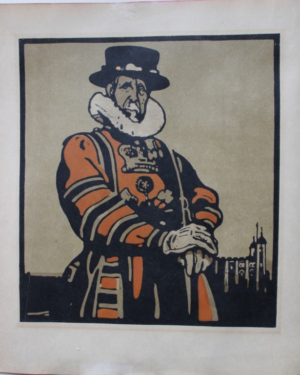 William Nicholson - Beefeater at Tower of London 1898: This image of a Beefeater (or Yeoman Warder) at the Tower of London is from the London Types series by William Nicholson, published by William Heinemann, London in 1898. Size 11.25in x 13in (28.5cm x 
