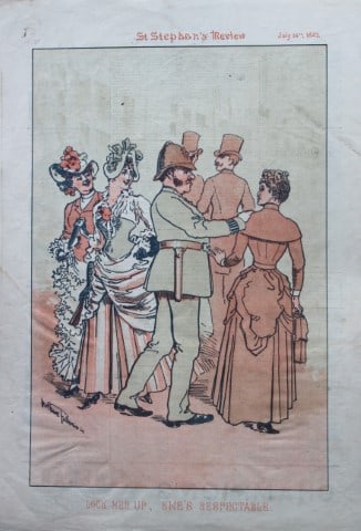 Tom Merry political cartoon - Lock her up 1887: This single page coloured lithograph is from St Stephen?s review by Tom Merry (the pseudonym of William Mecham). Merry was a cartoonist and political satirist who created the centrespread, in colour, 