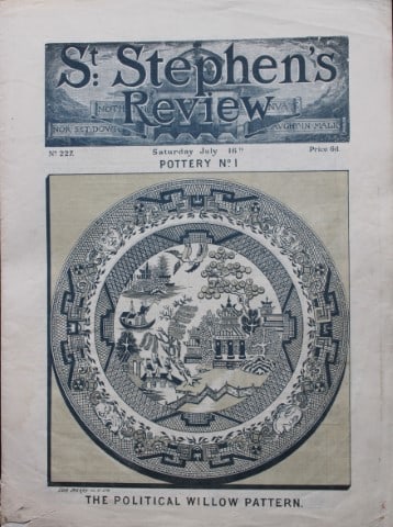 Tom Merry political cartoon - Willow Pattern 1887: This single page coloured lithograph is from St Stephen?s review by Tom Merry (the pseudonym of William Mecham). Merry was a cartoonist and political satirist who created the centrespread, in colour, 