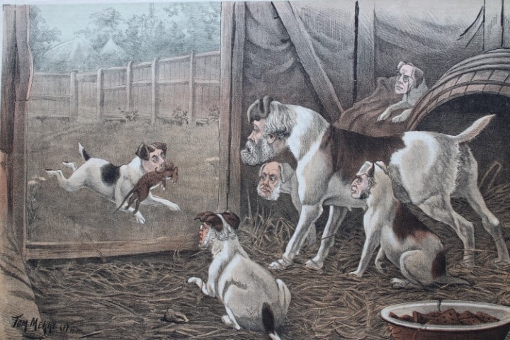 Tom Merry political cartoon - A credit to his family 1887: This double-page coloured lithograph is from St Stephen?s review by Tom Merry (the pseudonym of William Mecham). Merry was a cartoonist and political satirist who created the centrespread, in colour, 