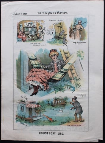 Tom Merry political cartoon - Houseboat life 1887: This single page coloured lithograph is from St Stephen?s review by Tom Merry (the pseudonym of William Mecham). Merry was a cartoonist and political satirist who created the centrespread, in colour, 
