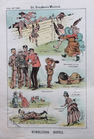 Tom Merry political cartoon - Wimbledon Notes 1887: This single page coloured lithograph is from St Stephen?s review by Tom Merry (the pseudonym of William Mecham). Merry was a cartoonist and political satirist who created the centrespread, in colour, 