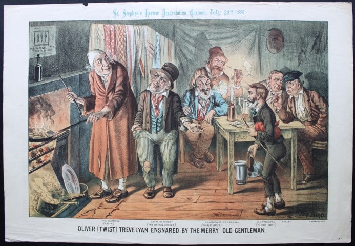 Tom Merry political cartoon - Oliver Twist 1887: This double-page coloured lithograph is from St Stephen?s review by Tom Merry (the pseudonym of William Mecham). Merry was a cartoonist and political satirist who created the centrespread, in colour, 