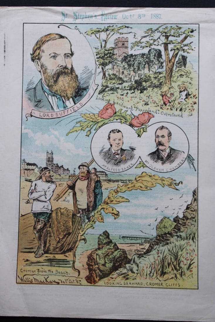 Tom Merry political cartoon - Norfolk Sea Resorts 1887: This single page coloured lithograph is from St Stephen?s review by Tom Merry (the pseudonym of William Mecham). Merry was a cartoonist and political satirist who created the centrespread, in colour, 