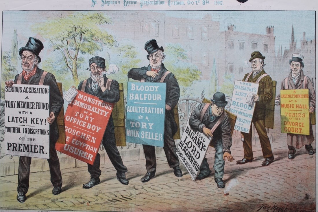 Tom Merry political cartoon - The Coming Campaign No 1 1887: This double-page coloured lithograph is from St Stephen?s review by Tom Merry (the pseudonym of William Mecham). Merry was a cartoonist and political satirist who created the centrespread, in colour, 