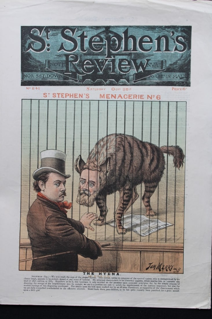 Tom Merry political cartoon - St Stephen's Menagerie No 6 1887: This single page coloured lithograph is from St Stephen?s review by Tom Merry (the pseudonym of William Mecham). Merry was a cartoonist and political satirist who created the centrespread, in colour, 