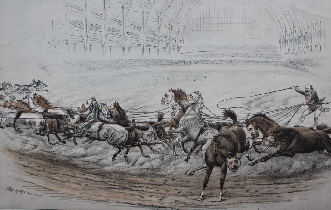 Tom Merry political cartoon - A Dream of Olympia 1887: This double-page coloured lithograph is from St Stephen?s review by Tom Merry (the pseudonym of William Mecham). Merry was a cartoonist and political satirist who created the centrespread, in colour, 