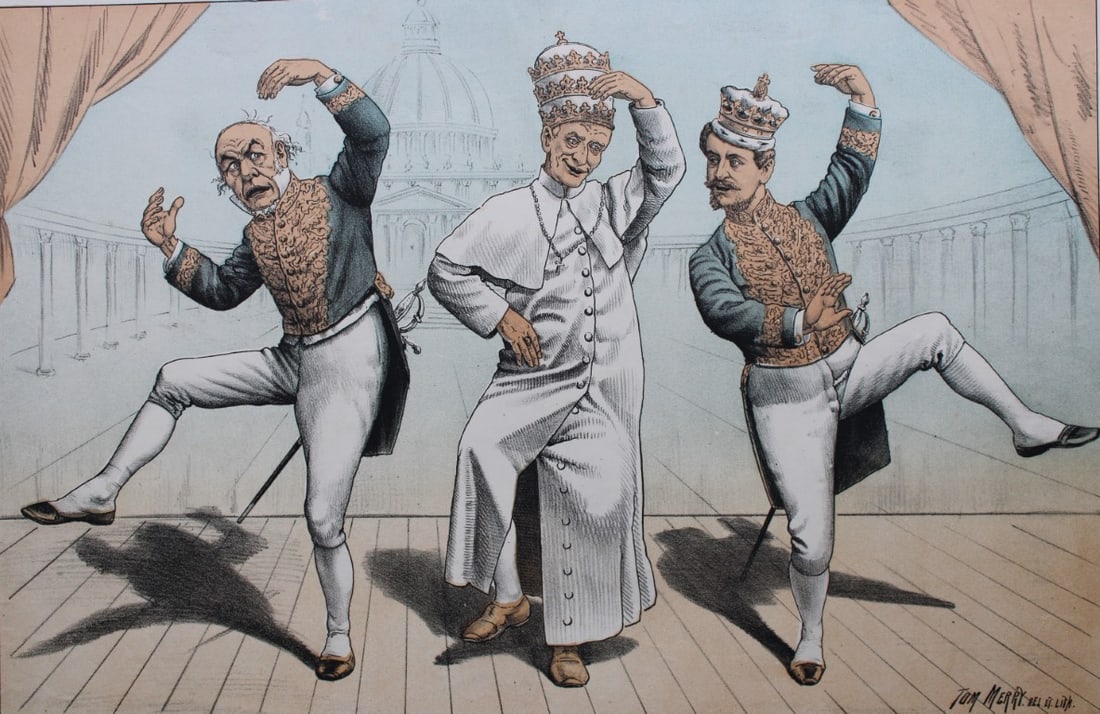 Tom Merry political cartoon - Oh The Jubilee 1887: This double-page coloured lithograph is from St Stephen?s review by Tom Merry (the pseudonym of William Mecham). Merry was a cartoonist and political satirist who created the centrespread, in colour, 