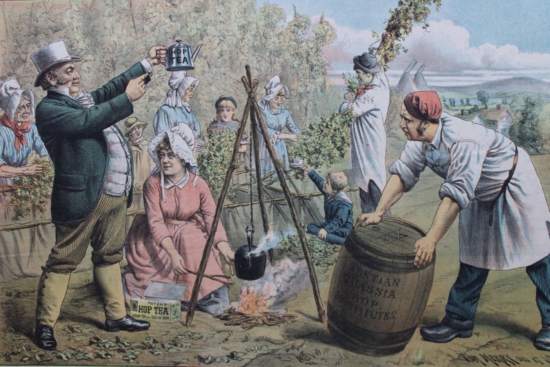 Tom Merry political cartoon - Hop Tea 1887: This double-page coloured lithograph is from St Stephen?s review by Tom Merry (the pseudonym of William Mecham). Merry was a cartoonist and political satirist who created the centrespread, in colour, 